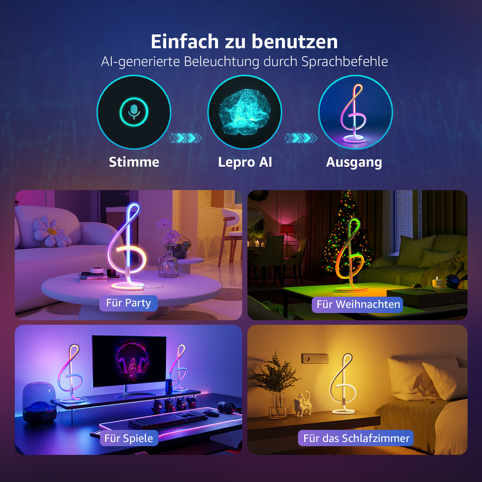 Eine notenformige Lampe. Gezeigt in verschiedenen Umgebungen: Party, Weihnachten, Gaming und Schlafzimmer.