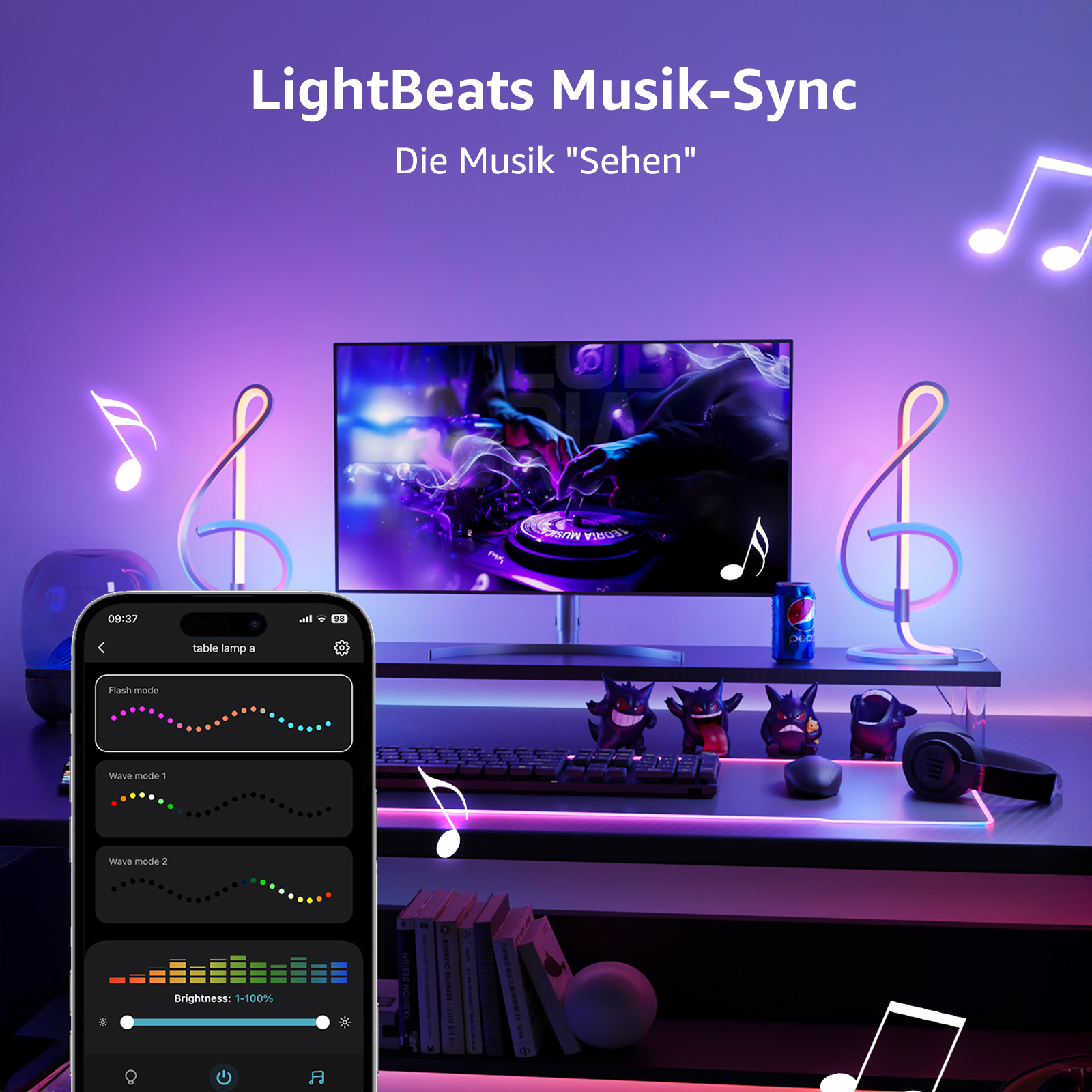 Ein Telefon, das App-Steuerelemente zeigt, und zwei notenformige Lampen. Ein Schreibtisch befindet sich im Vordergrund.