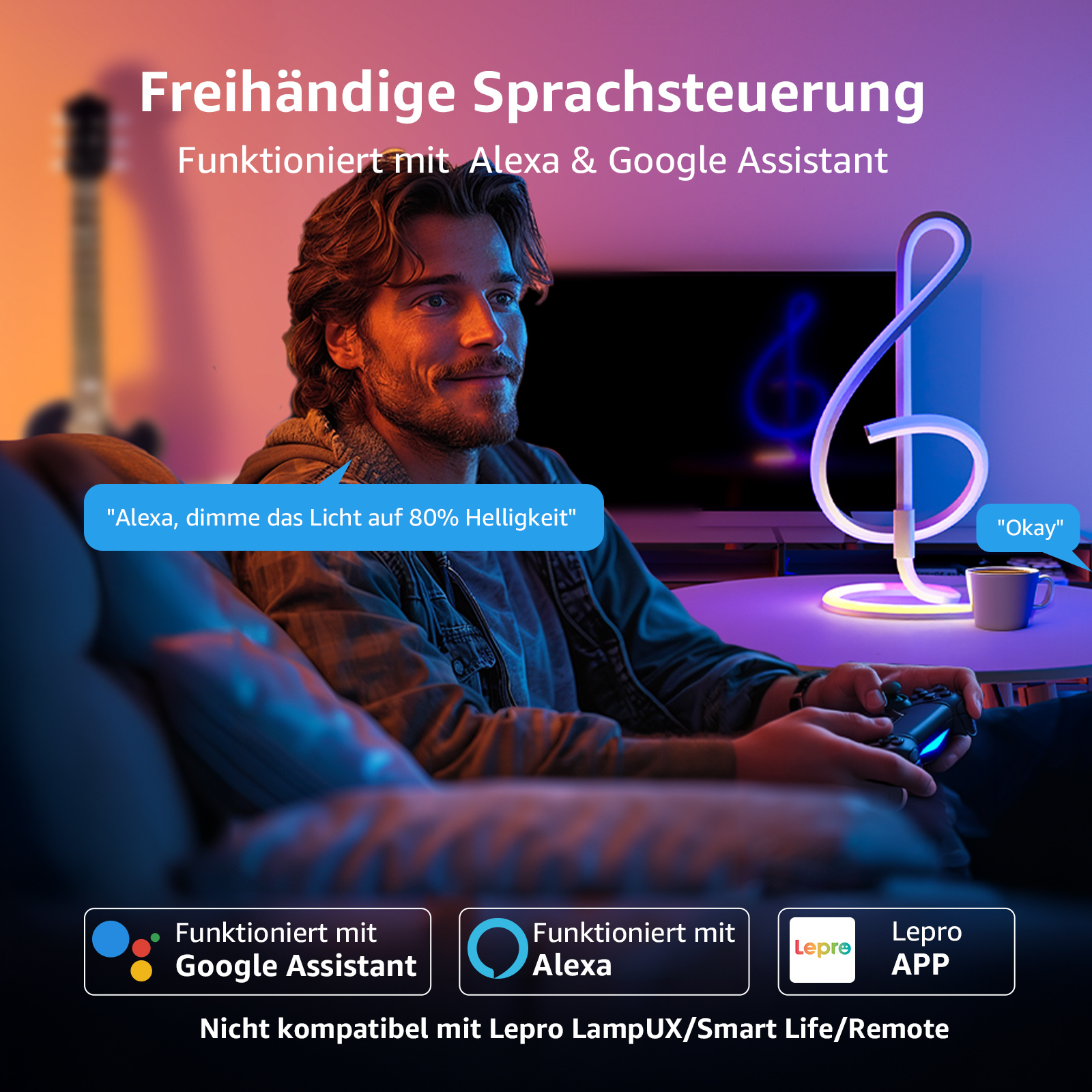 Mann benutzt Controller, Smart Home Licht und Text über Sprachsteuerung.