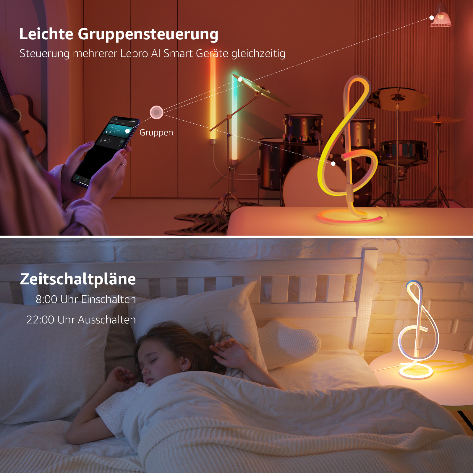 Eine Notenlampe mit Neonlicht und eine Person, die ein Telefon bedient. Ein schlafendes Kind im Bett.