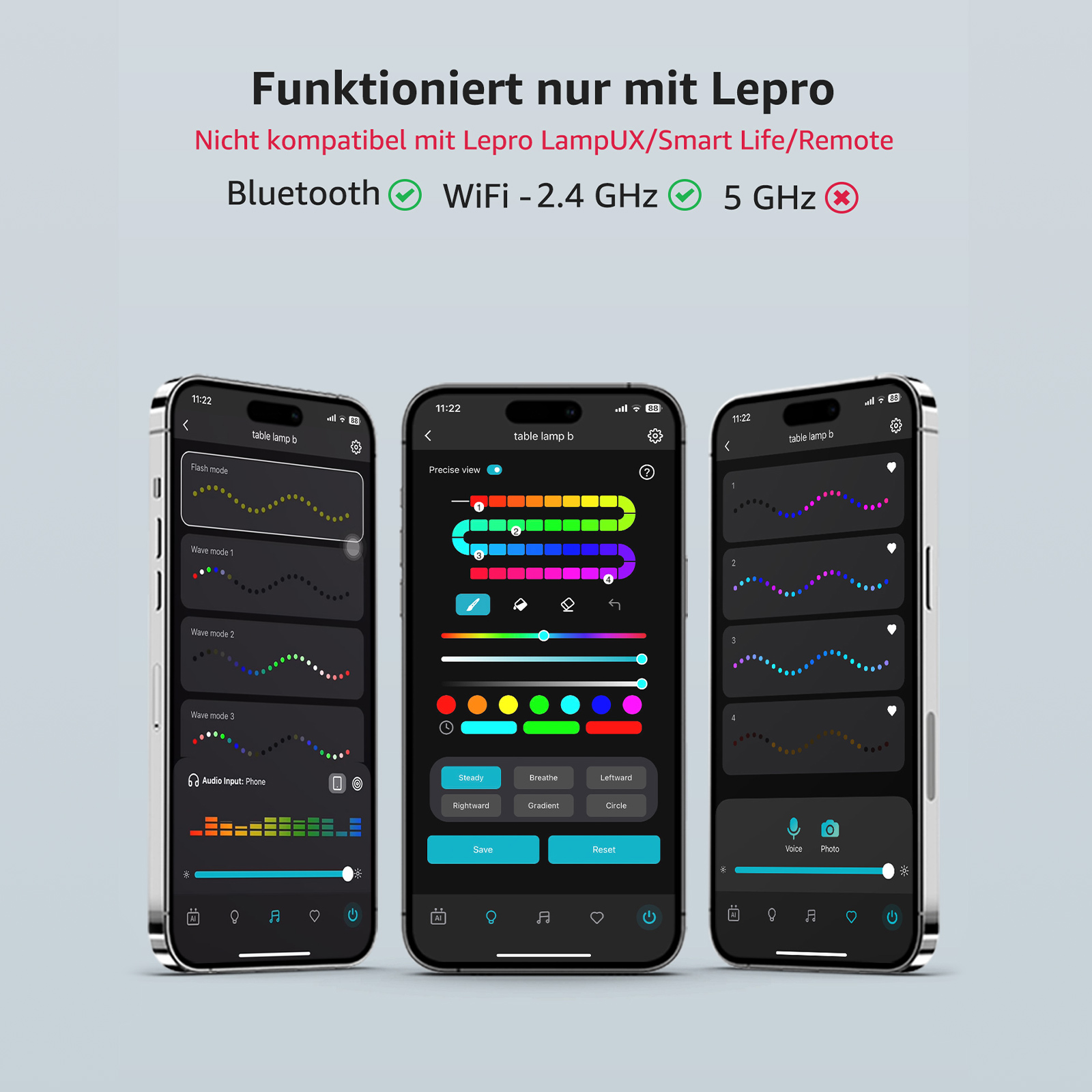 Drei Smartphones mit verschiedenen App-Oberflächen mit Lichtsteuerungen.