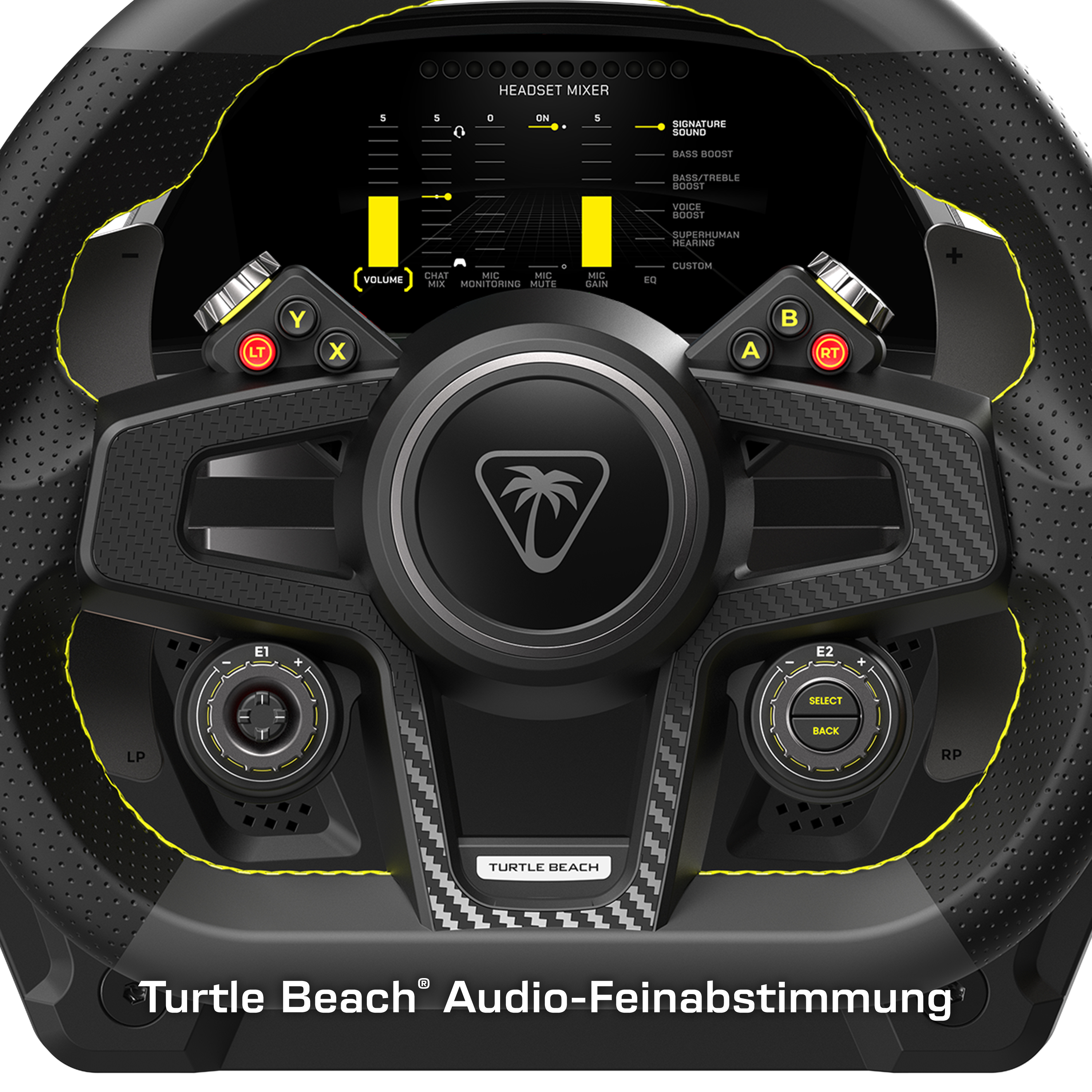 Nahaufnahme eines schwarzen Lenkrads mit gelben Akzenten. Es hat Knöpfe, Drehregler und das Turtle Beach-Logo.