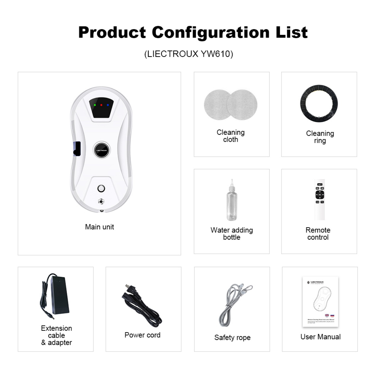 Produktkonfigurationsliste mit Haupteinheit, Reinigungstuch und anderem Zubehör.