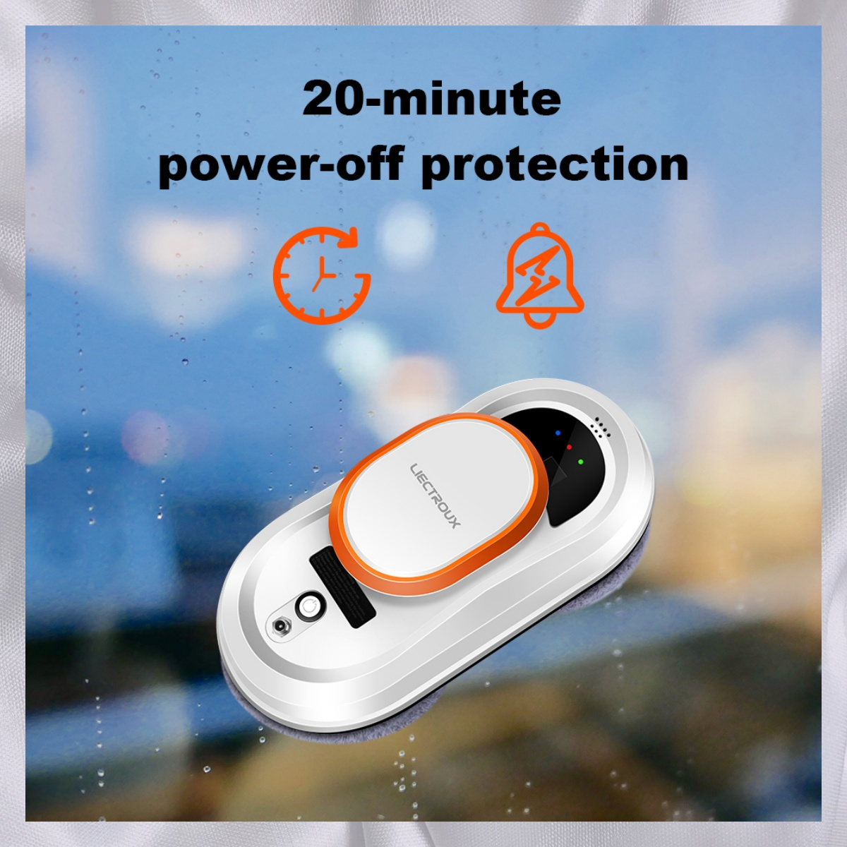 Ein weißer Fensterputzroboter auf einer Glasoberfläche mit orangefarbenen und schwarzen Details.