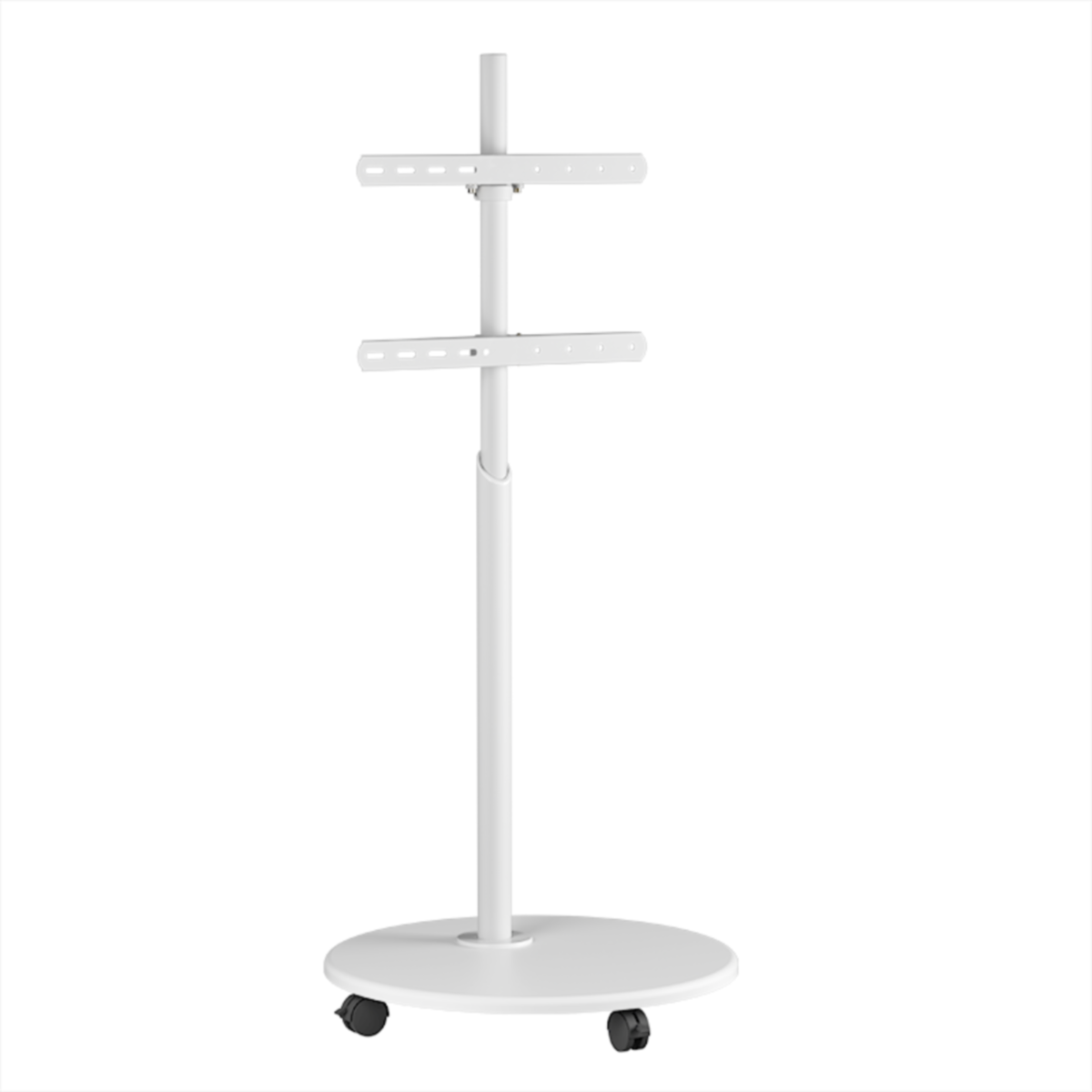Witte tv-standaard op wielen, met twee horizontale montagebeugels. Witte achtergrond.