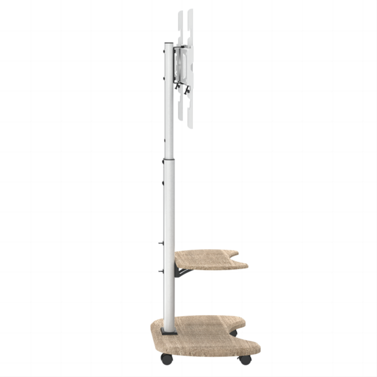 Witte tv-standaard met twee planken en wielen.
