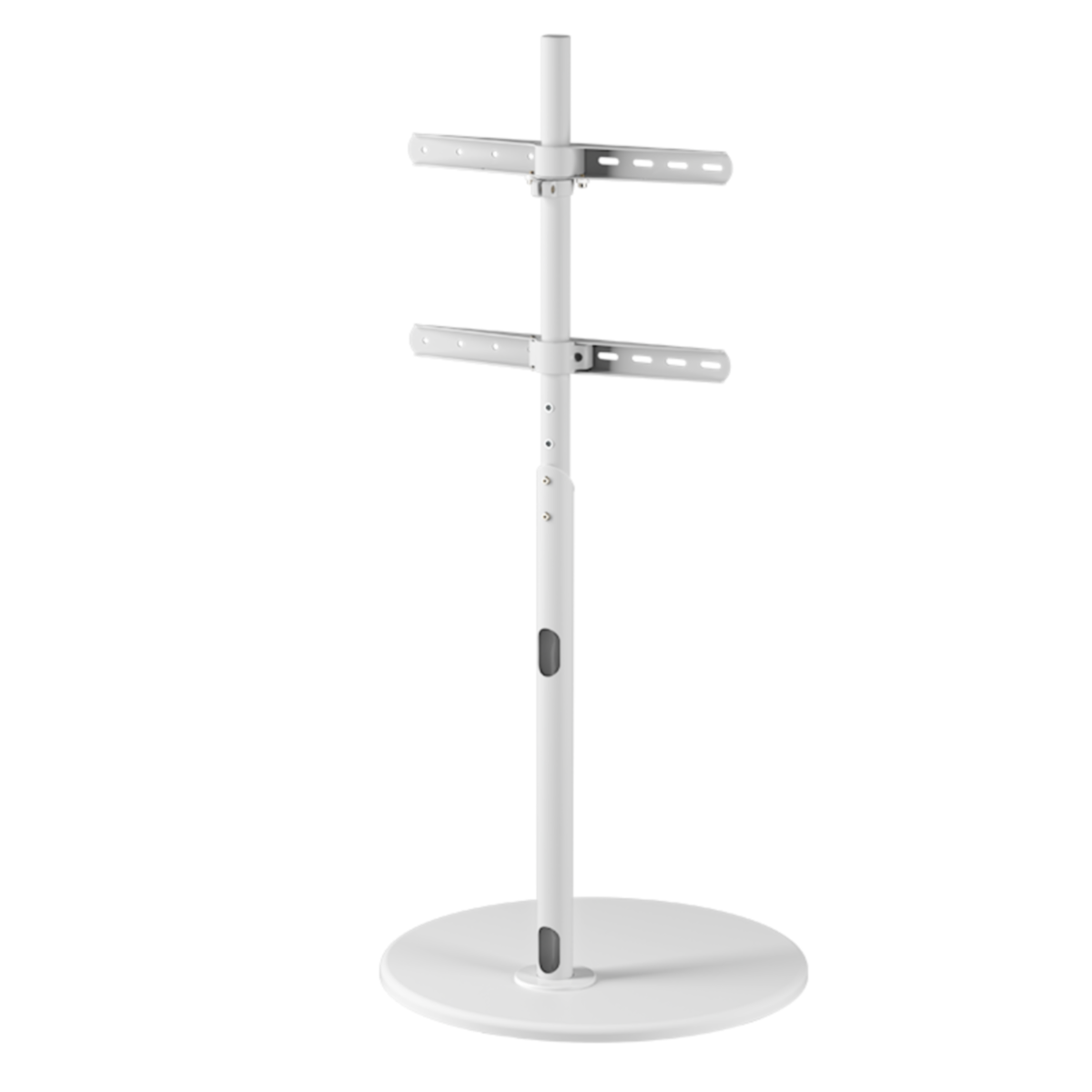 Witte tv-standaard met een cirkelvormige voet, centrale paal en twee horizontale armen voor de tv.