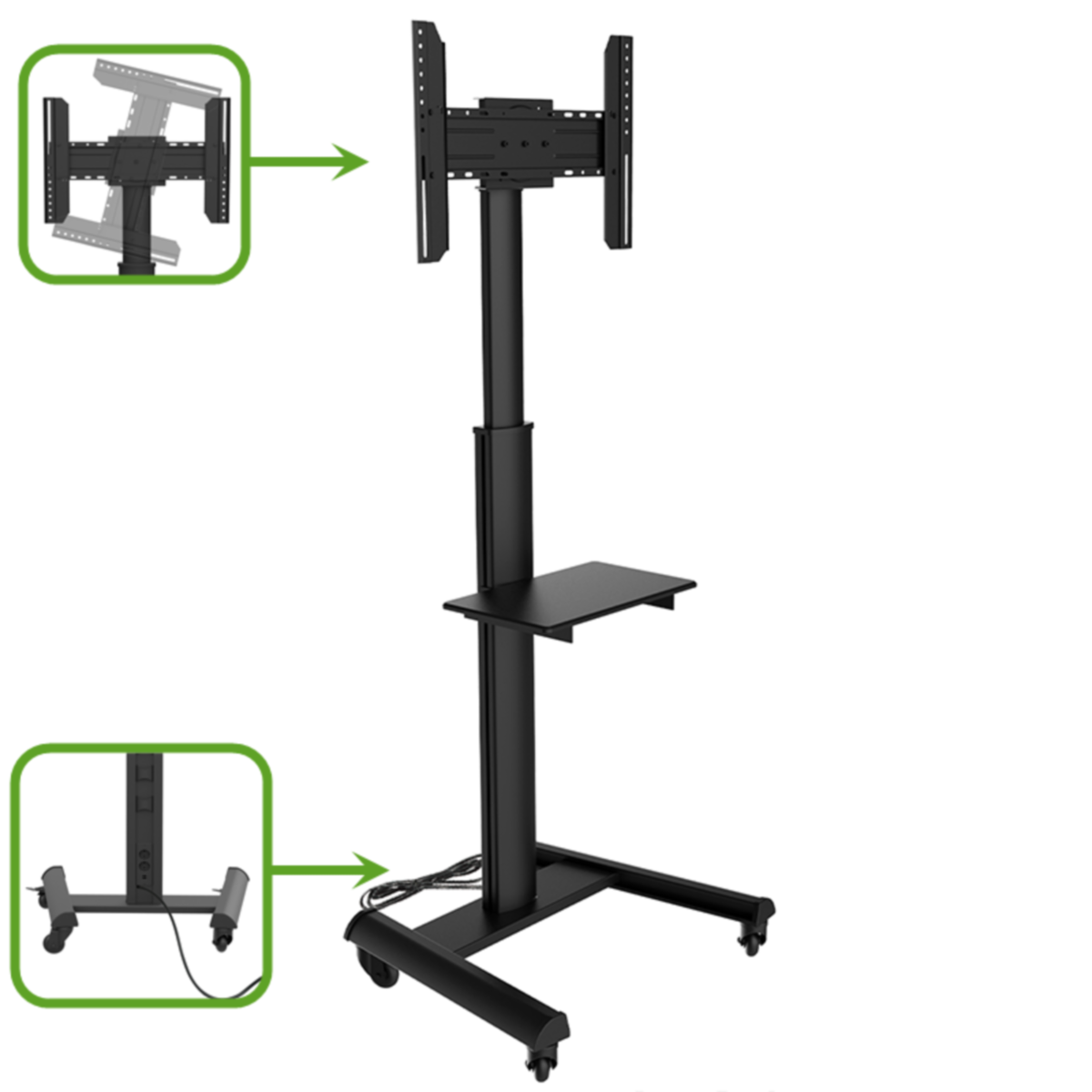 Zwarte tv-standaard met wielen, een plank en een houder voor een monitor. Kantelopties.