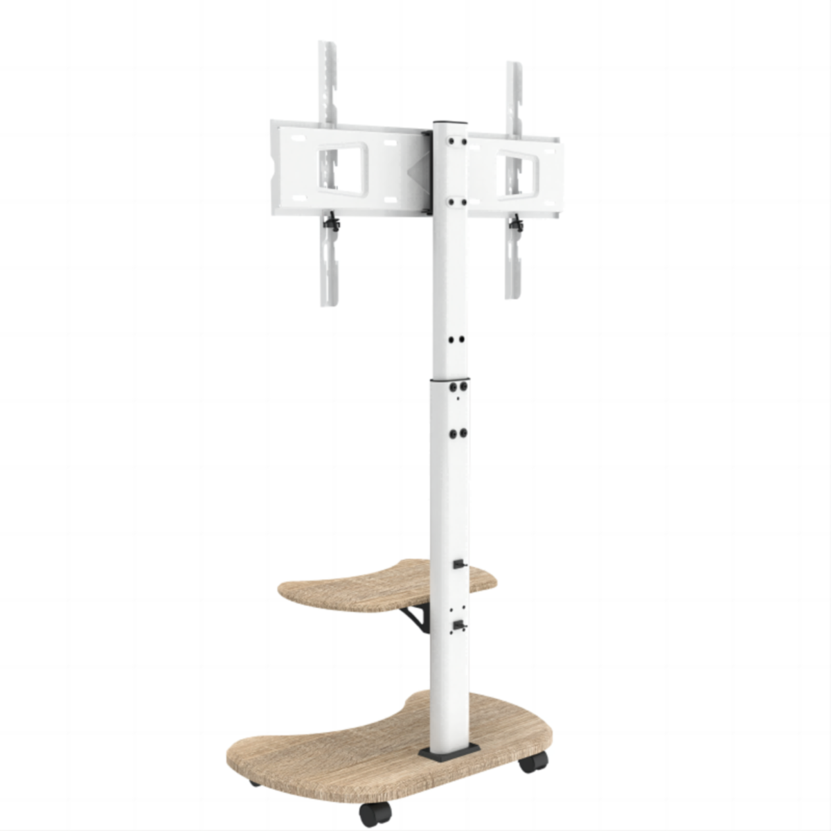 Witte en houten tv-standaard met twee planken en wielen.