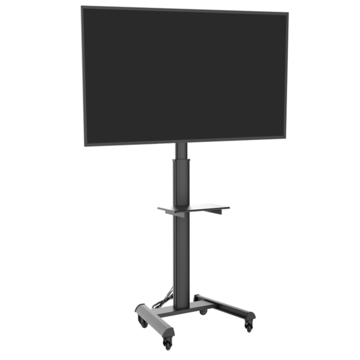 Een zwarte tv op een rolstandaard met een plank. Witte achtergrond. De tv staat uit.