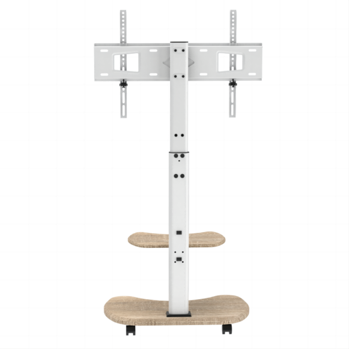 Witte tv-standaard met twee planken en een centrale paal. Voet en planken zijn houtkleurig.