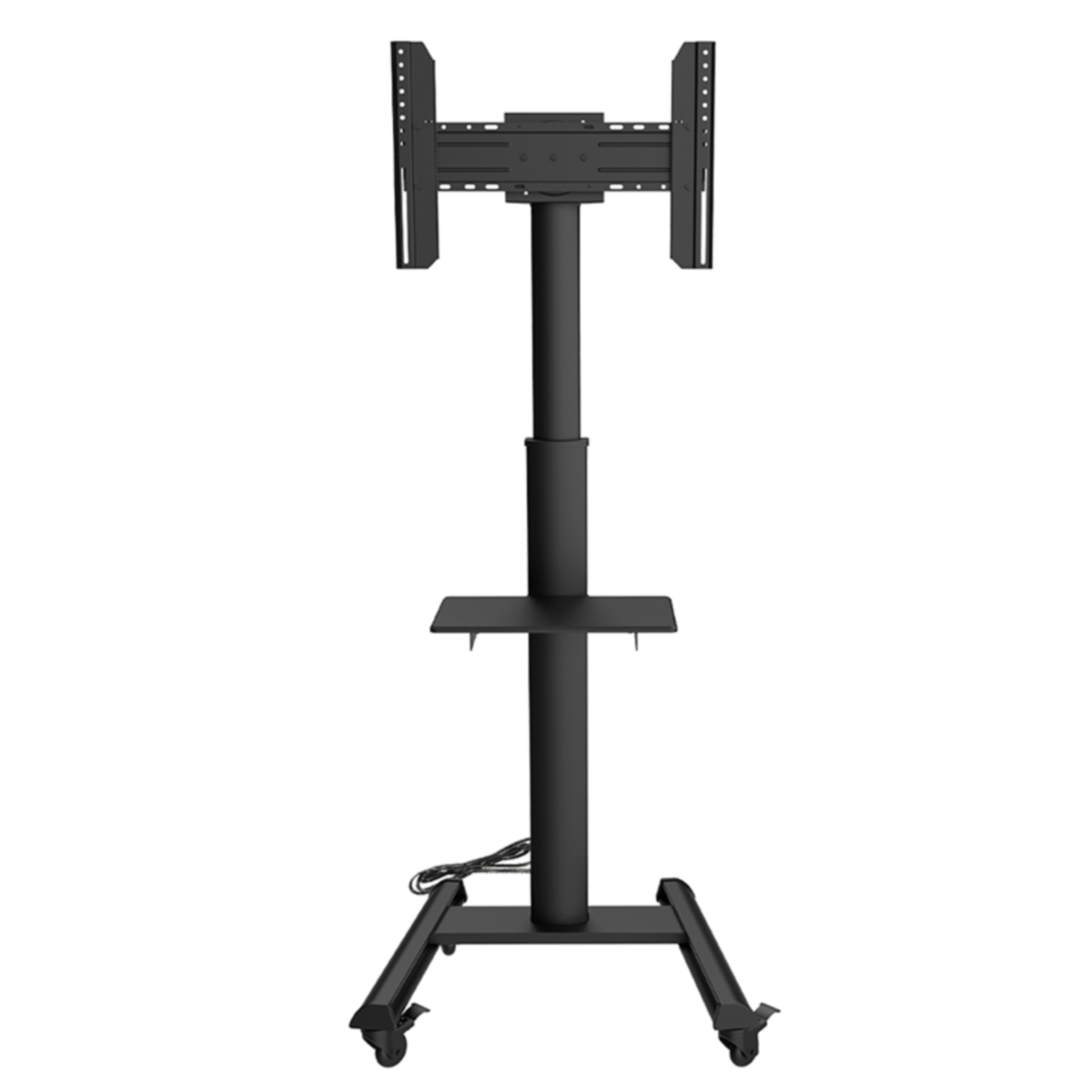 Zwarte tv-standaard met wielen, met een tv, kabels en een plank.