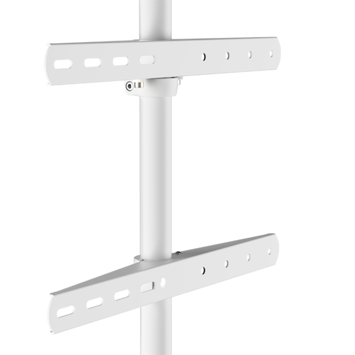 Witte tv-standaard met twee horizontale armen. De standaard staat op een witte achtergrond.