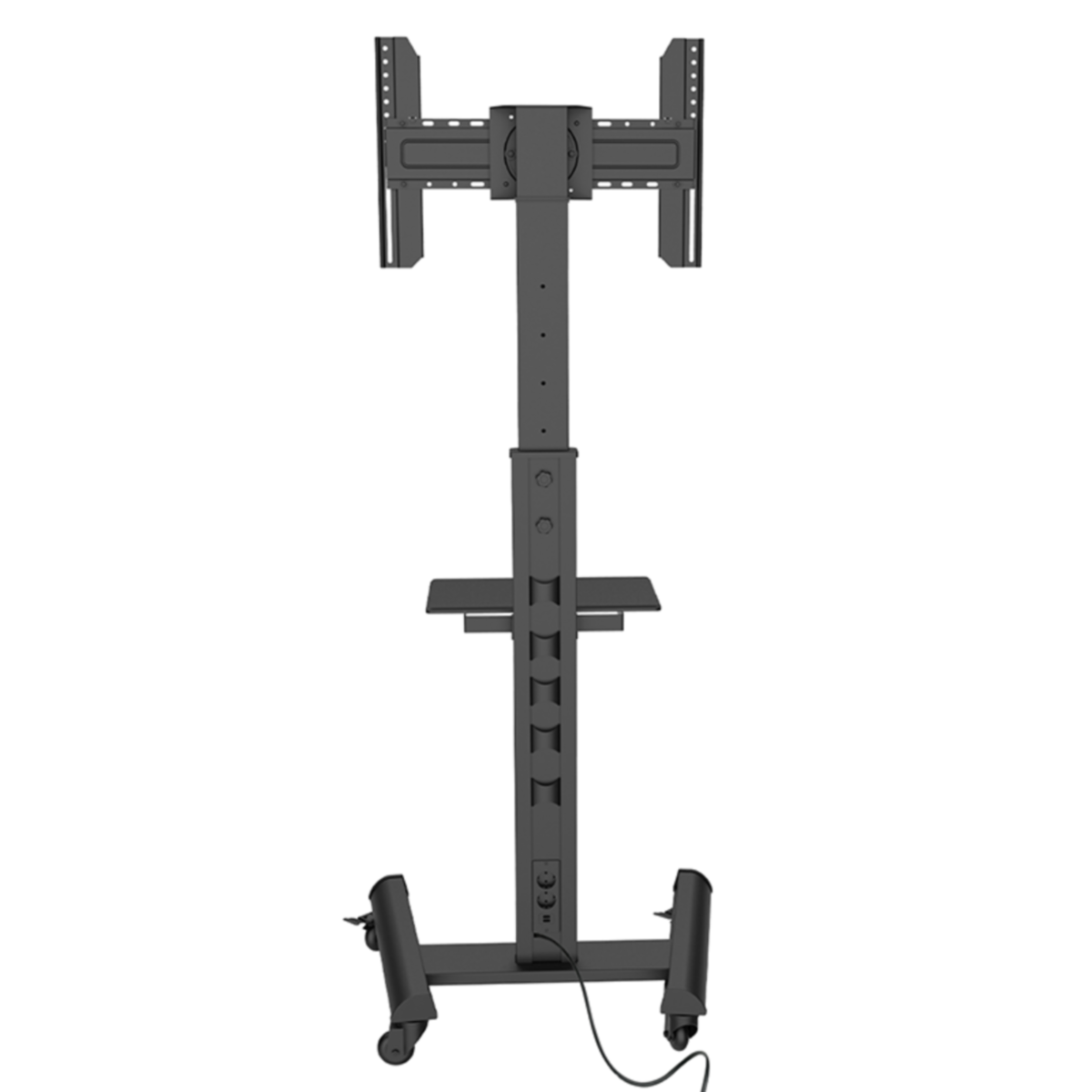 Een zwarte metalen tv-standaard op wielen, met een centrale paal en planken. Een voedingskabel is aangesloten aan de onderkant.