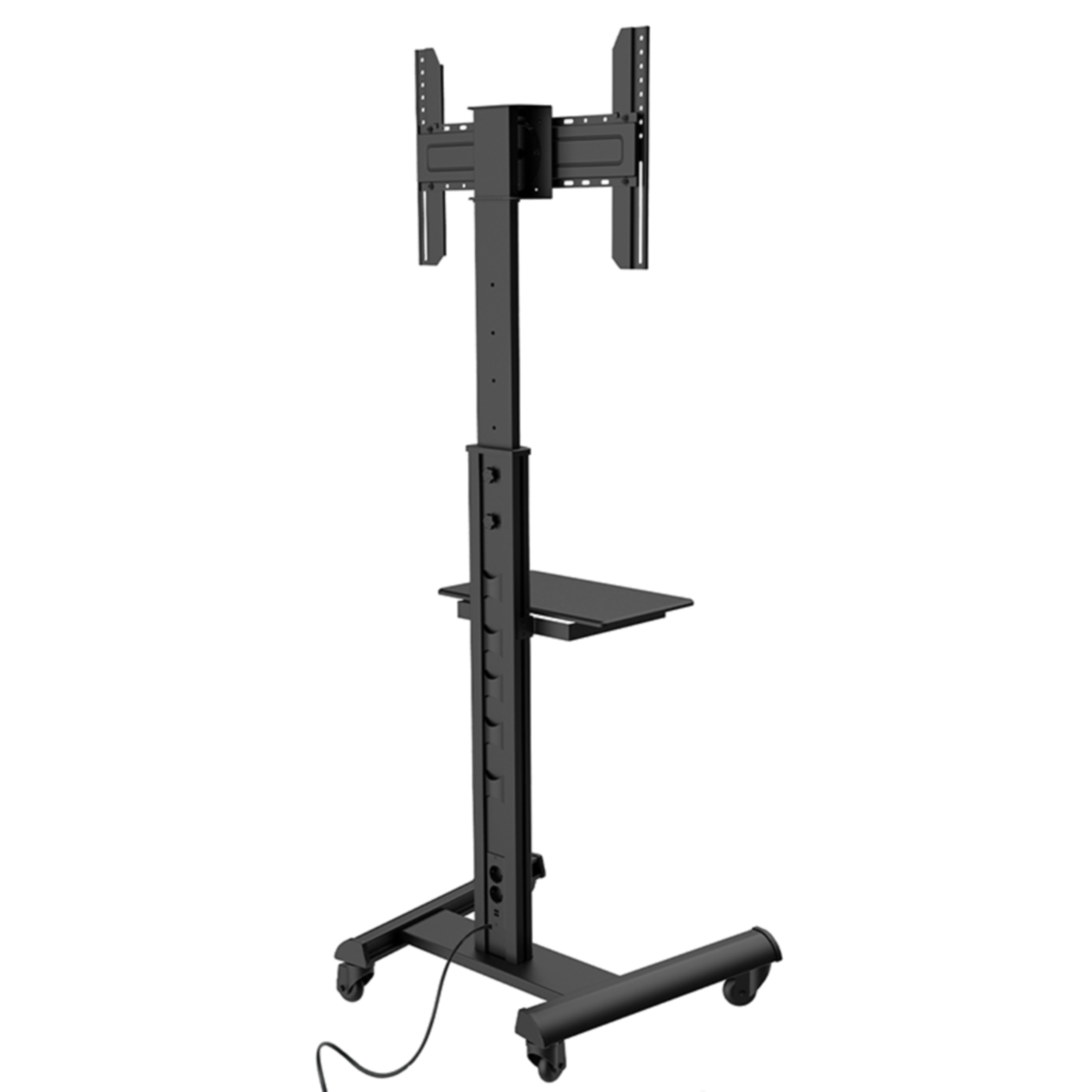 Een zwarte tv-standaard met een plank en wielen. Het is ontworpen om een tv te bevatten. De achtergrond is wit.