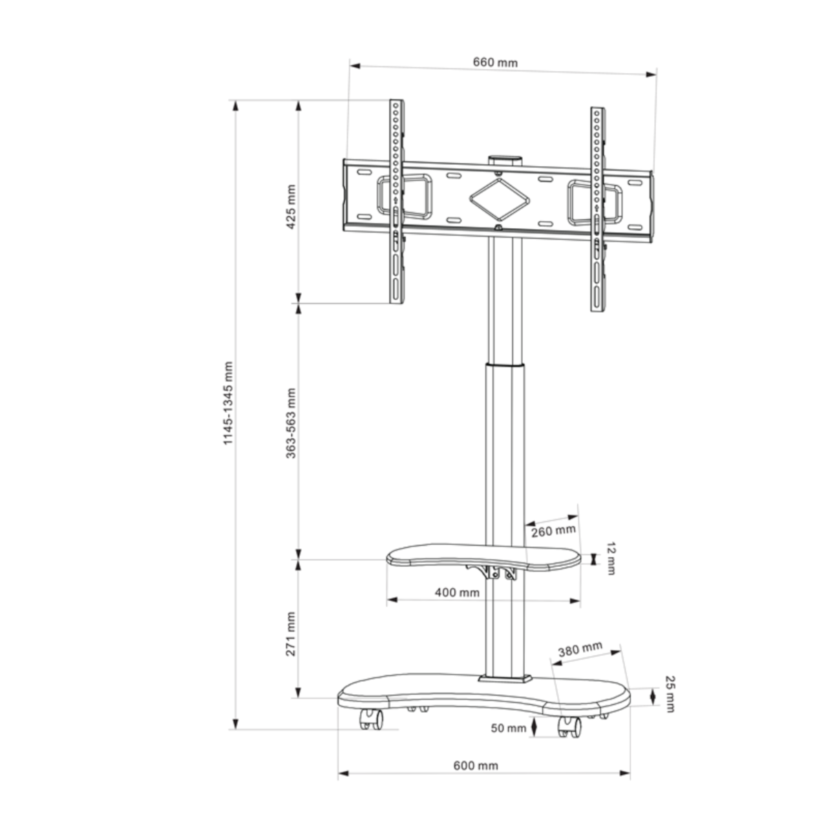 Un diagramme d'un support TV avec des dimensions. Il s'agit d'un dessin au trait en noir et blanc.