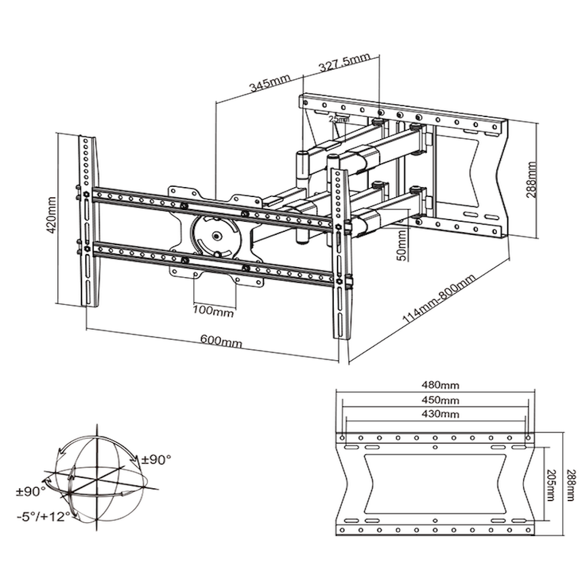 Schéma d'un support mural TV avec dimensions. Comprend une icône de sphère rotative.