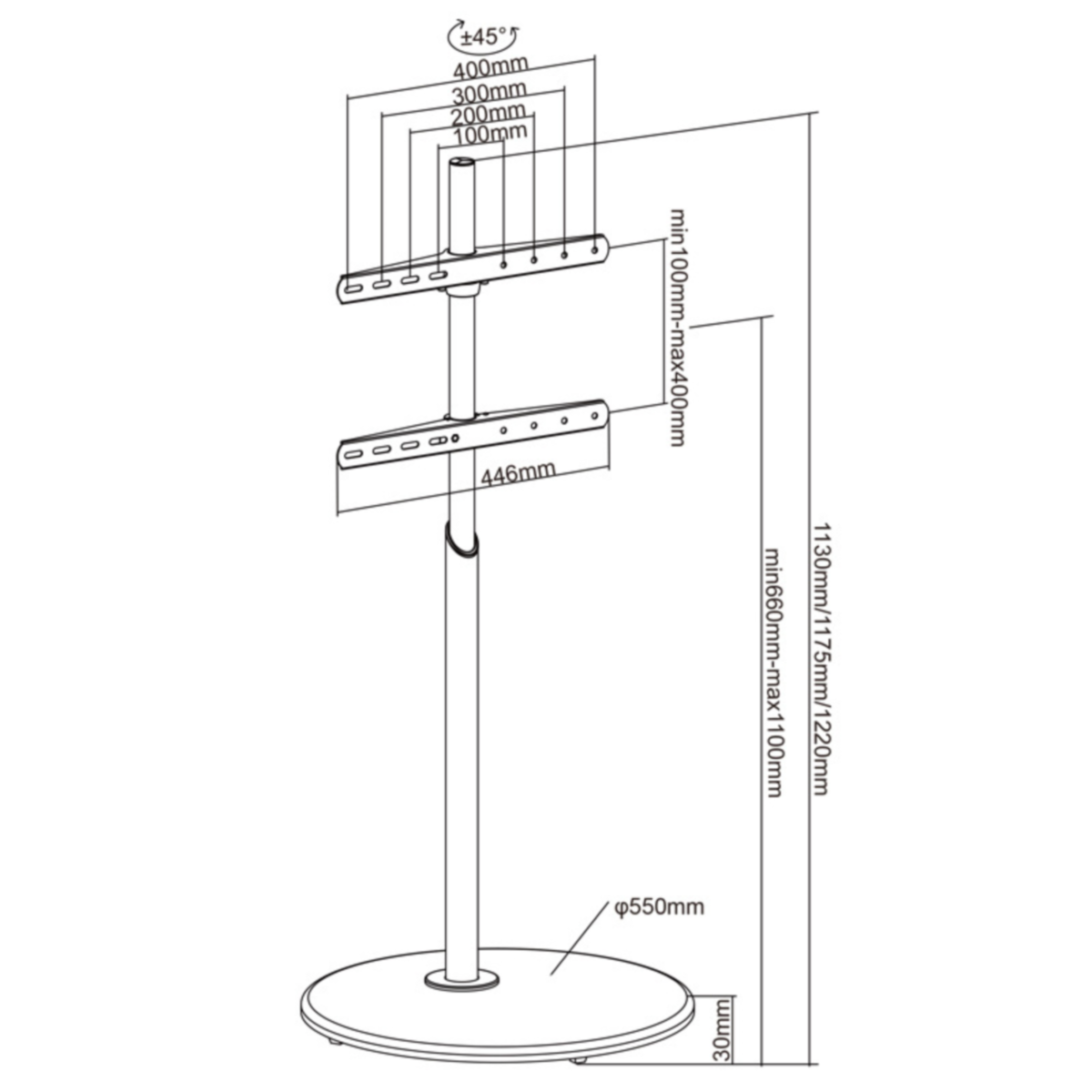 Diagram van een tv-standaard. Het heeft een ronde basis en verstelbare hoogte. Witte achtergrond.