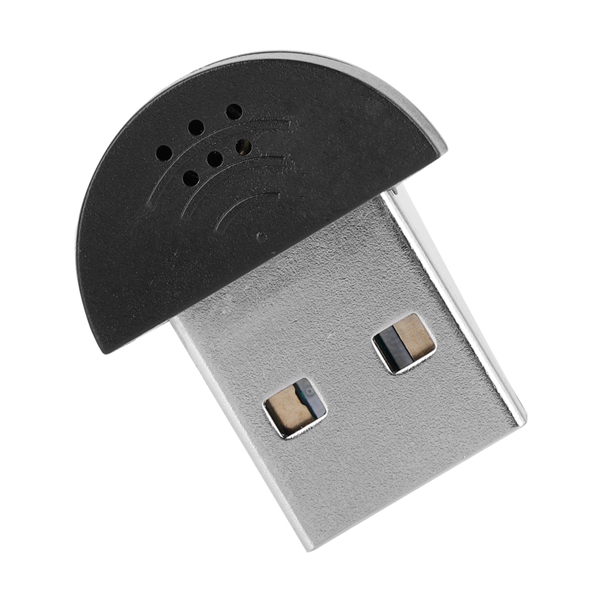 USB-Mikrofon mit schwarzem Oberteil und silbernem Gehäuse. Mehrere Löcher für den Toneingang.