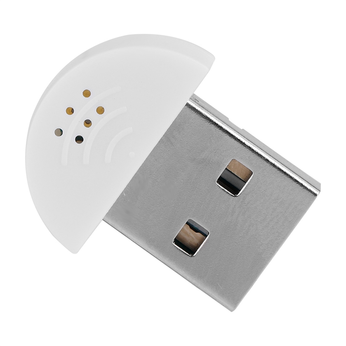 Weißes USB-Mikrofon mit silbernem Stecker. Drei kleine Löcher sind sichtbar.