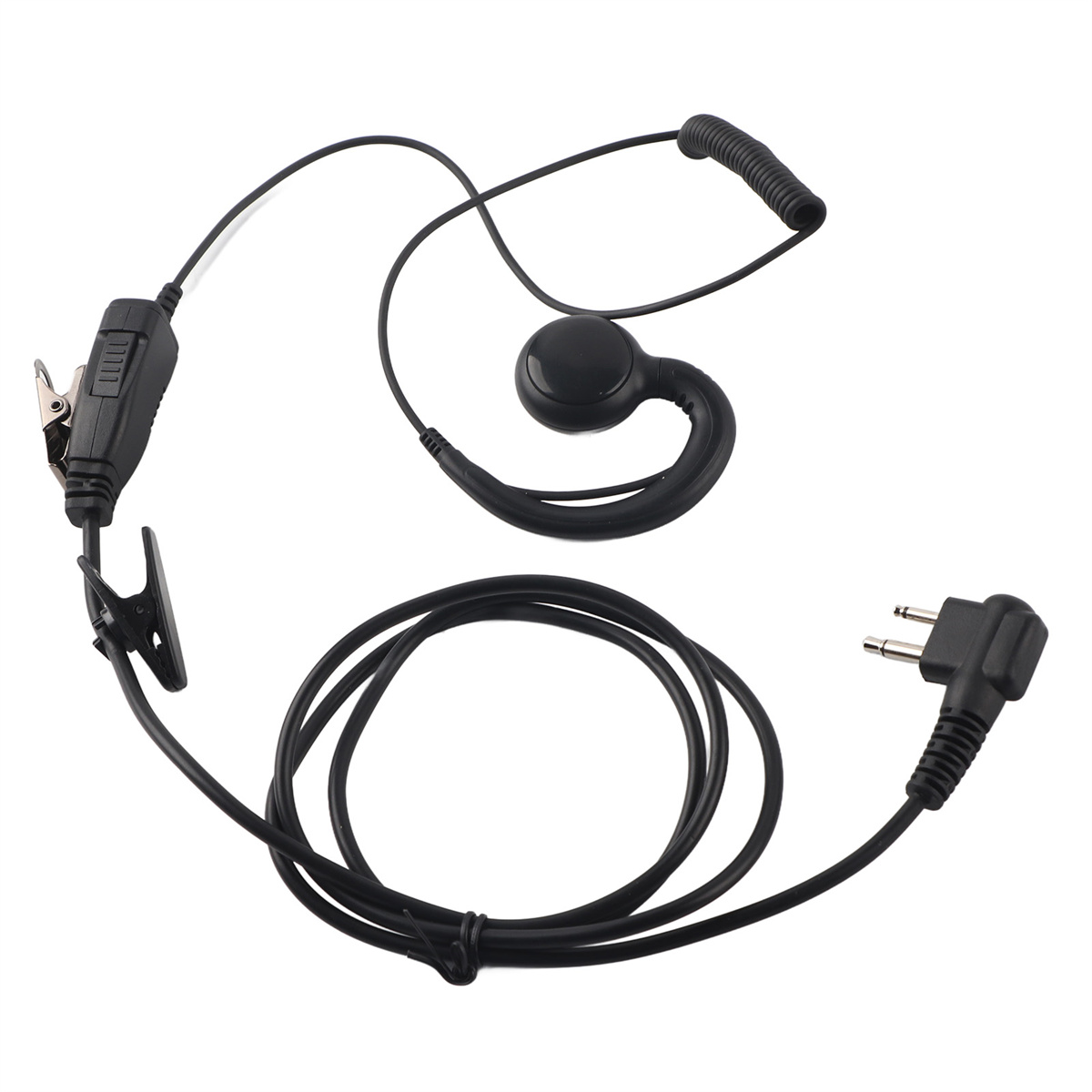 Schwarzes Walkie-Talkie-Headset mit Clip, Ohrhörer und Zweipolstecker.