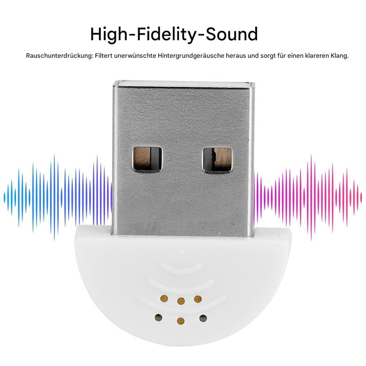 Weißer USB-Audioadapter mit silbernem Stecker, mit Schallwellengrafiken.