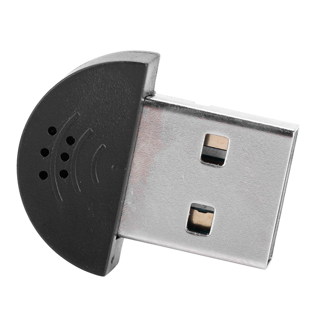 Schwarzes USB-Mikrofon. USB-Anschluss ist silber. Weißer Hintergrund.