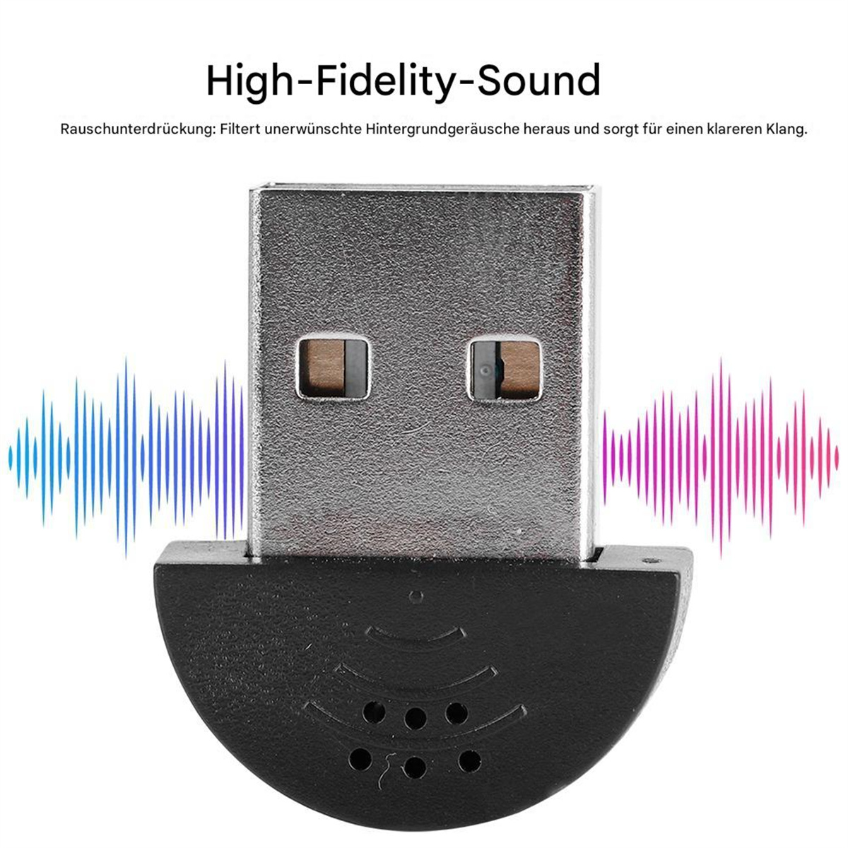 Ein USB-Audioadapter mit Schallwellen-Grafiken auf beiden Seiten.