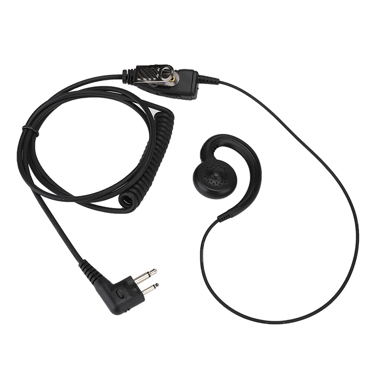 Schwarzes Walkie-Talkie-Headset mit Kopfhörer und Stecker.