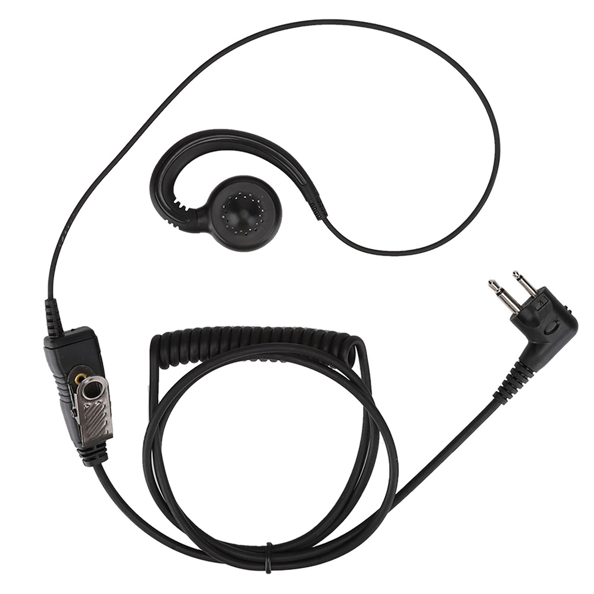 Schwarzer Kopfhörer mit Spiralkabel und abgewinkeltem Stecker.
