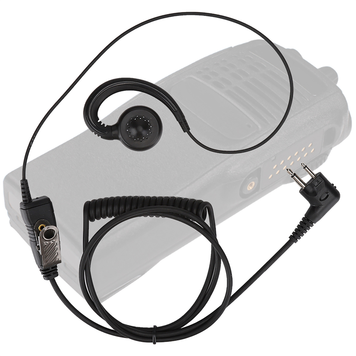 Schwarzes Walkie-Talkie-Headset mit Spiralkabel und Mikrofon. Das Headset ist vor einem Walkie-Talkie platziert.