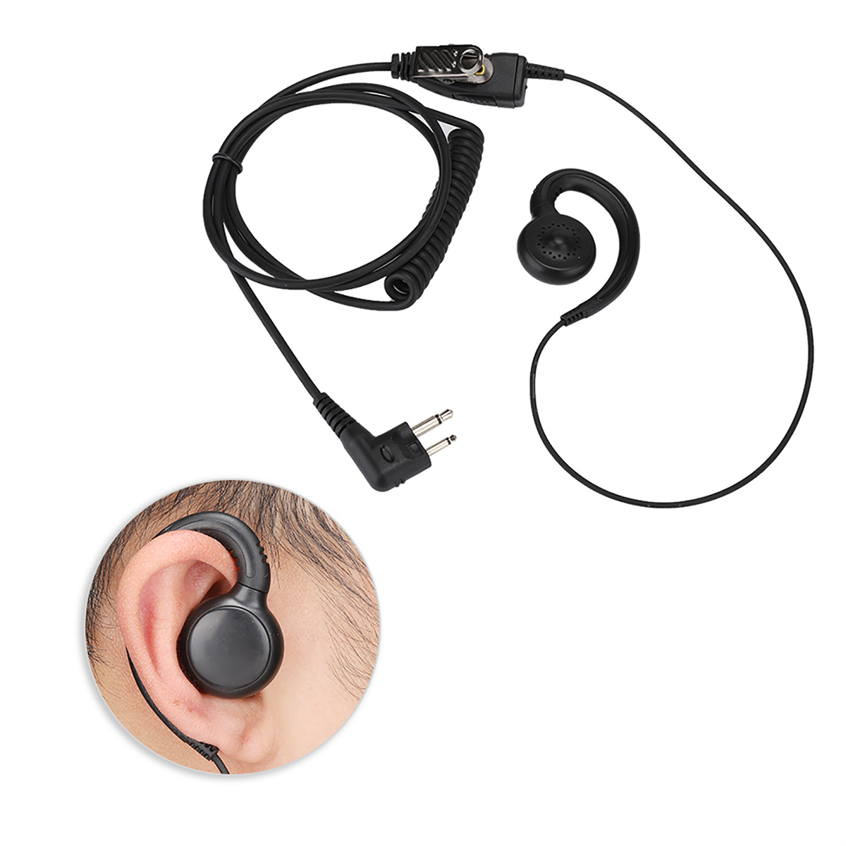 Kopfhörergerät. Es hat ein Kabel und einen Ohrhörer. Ein Ohr ist mit dem Kopfhörer sichtbar.