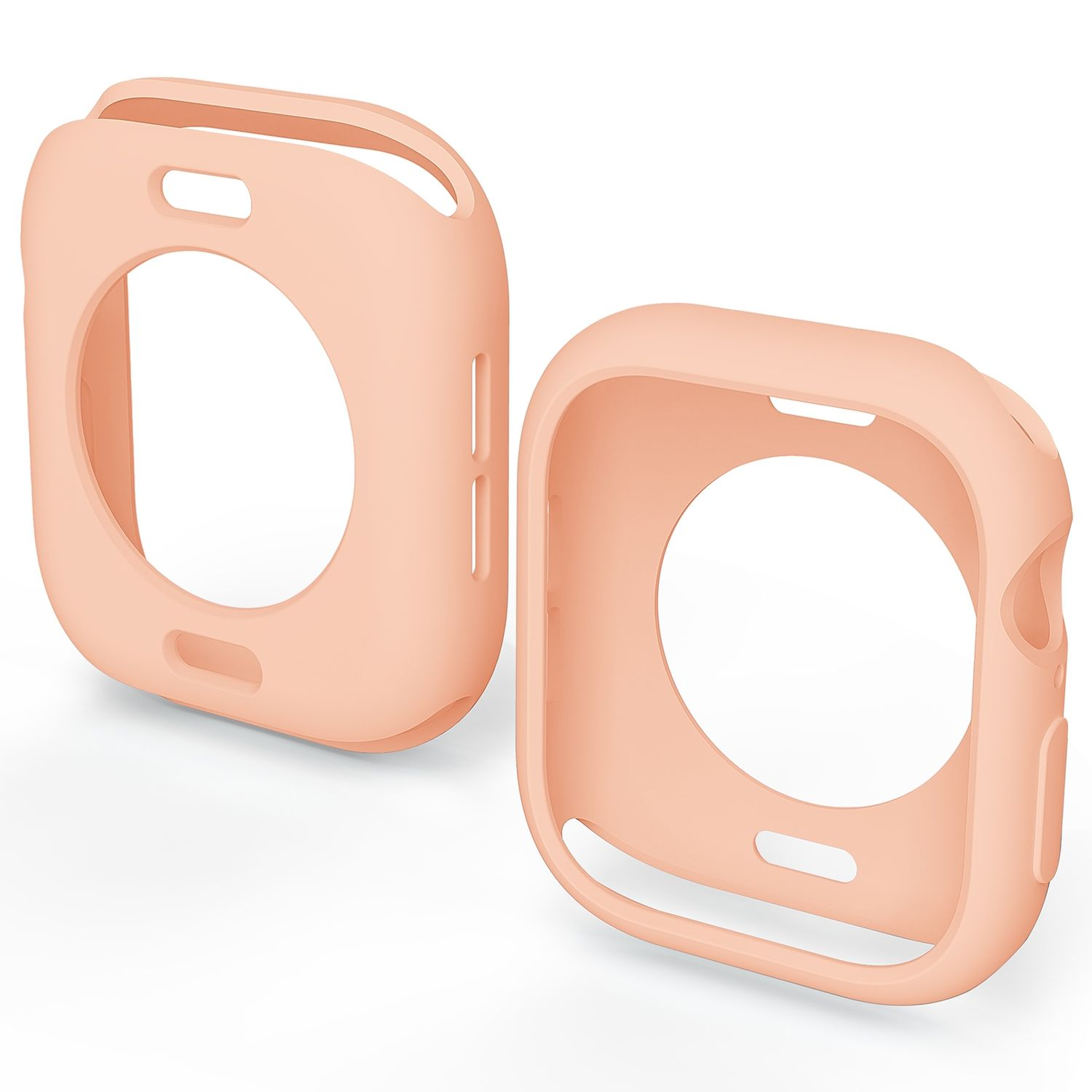 Zwei pfirsichfarbene Schutzhüllen für eine Smartwatch auf weißem Hintergrund.