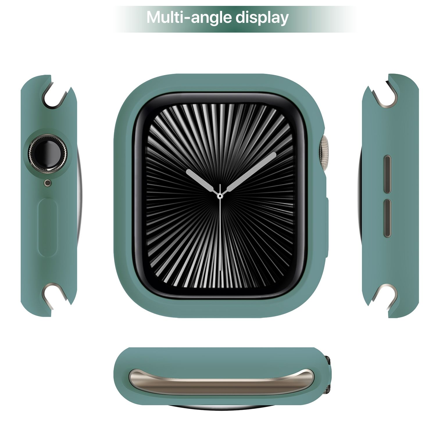 Apple Watch-Hülle in Grün aus verschiedenen Winkeln: vorne, Seite und oben, alles auf weißer Oberfläche.