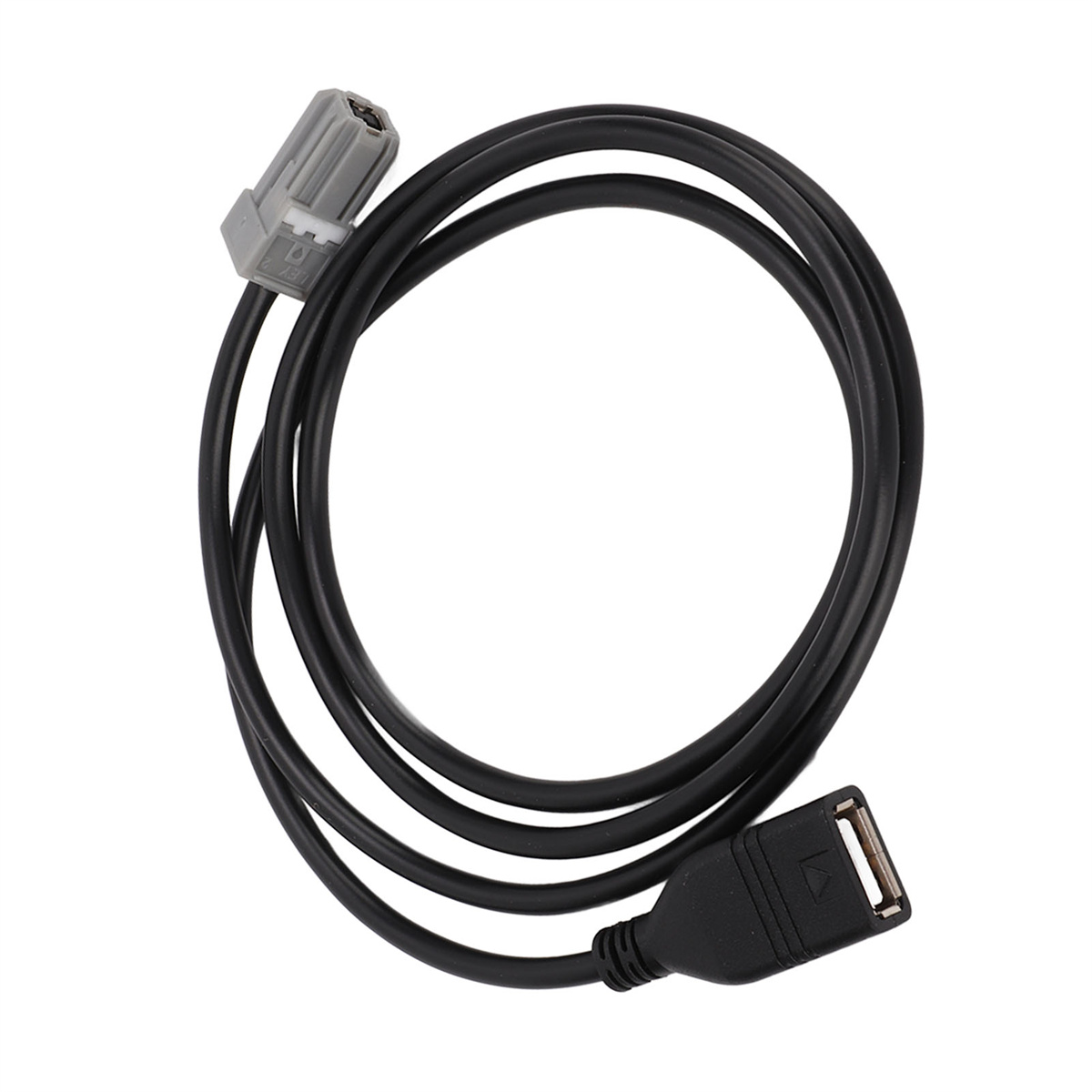 Schwarzes USB-Kabel mit zwei Steckern, einem grauen und einem USB-Anschluss.