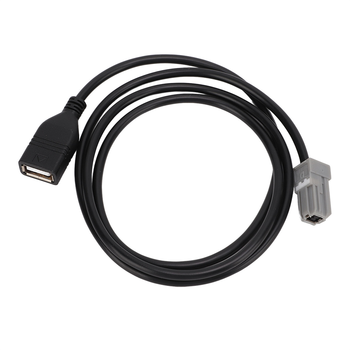 Schwarzes USB-Kabel mit einem USB-A-Anschluss an einem Ende und einem grauen Anschluss am anderen.