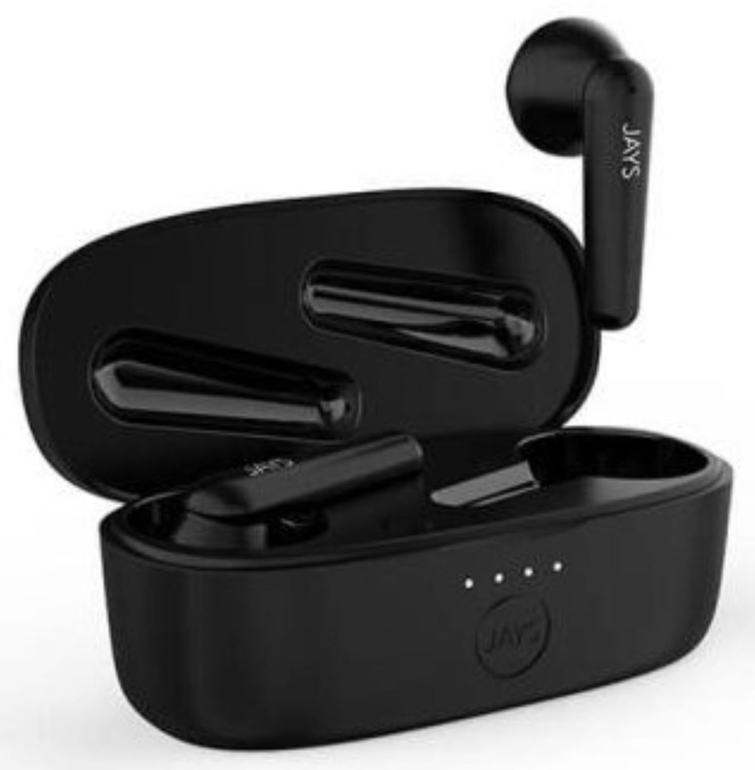 Auricolari neri in una custodia di ricarica nera su sfondo bianco.