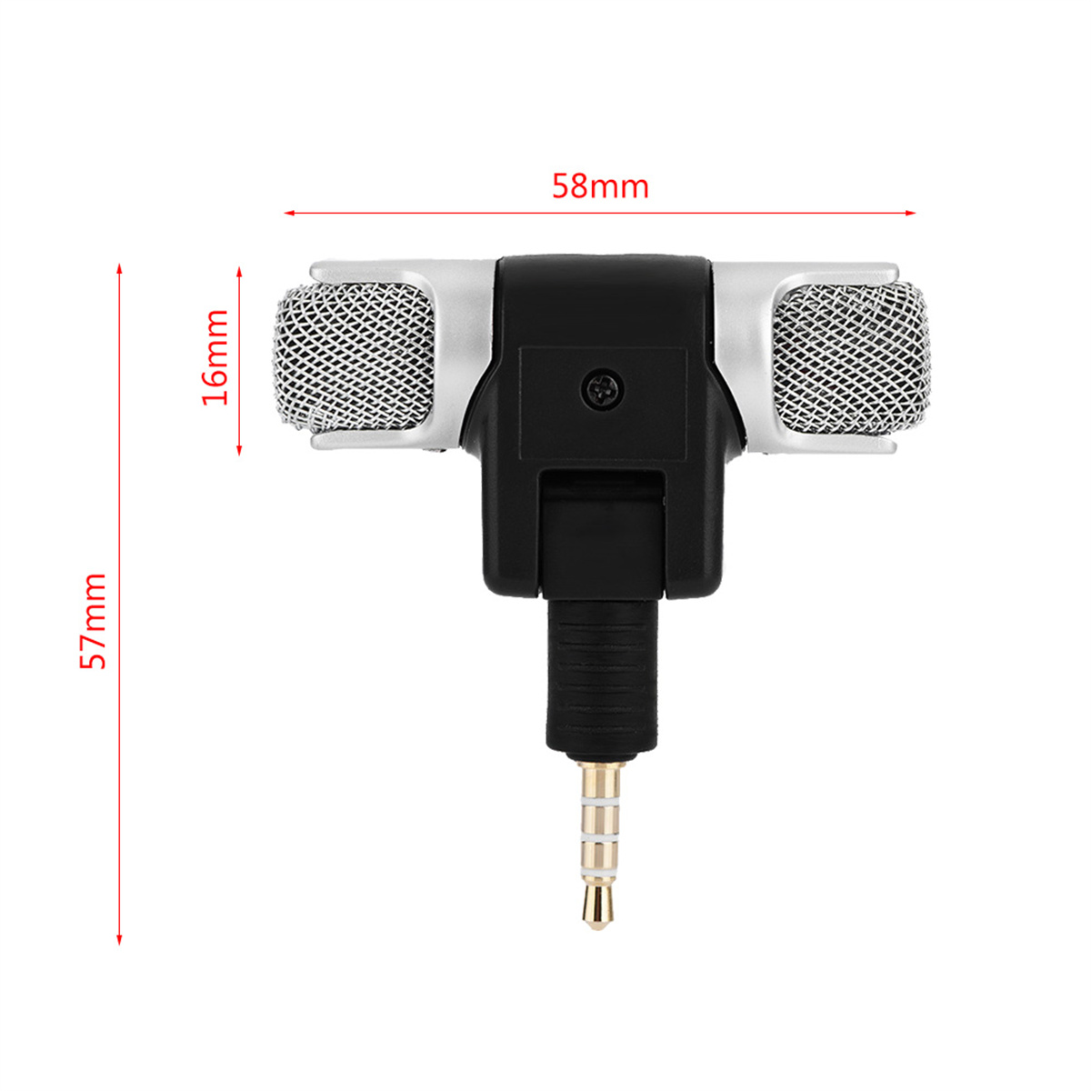 Stereo-Mikrofon für Telefon, schwarz und silber. Maße: 58mm x 57mm x 16mm.
