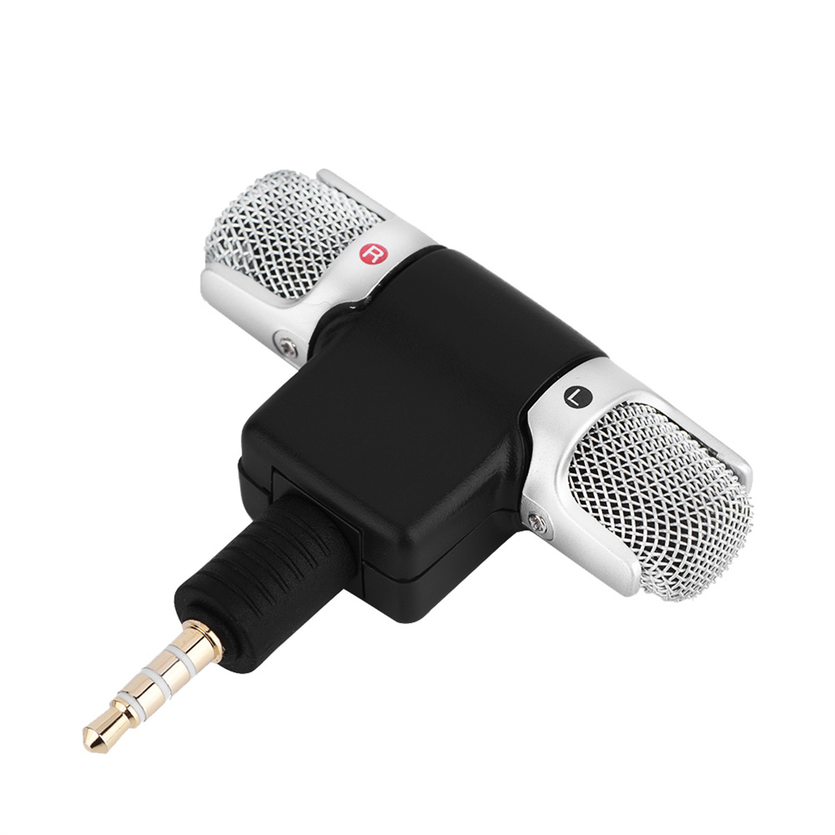 Ein kleines schwarzes Mikrofon mit silbernen Mesh-Abdeckungen, verbunden mit einem goldfarbenen Audioanschluss.