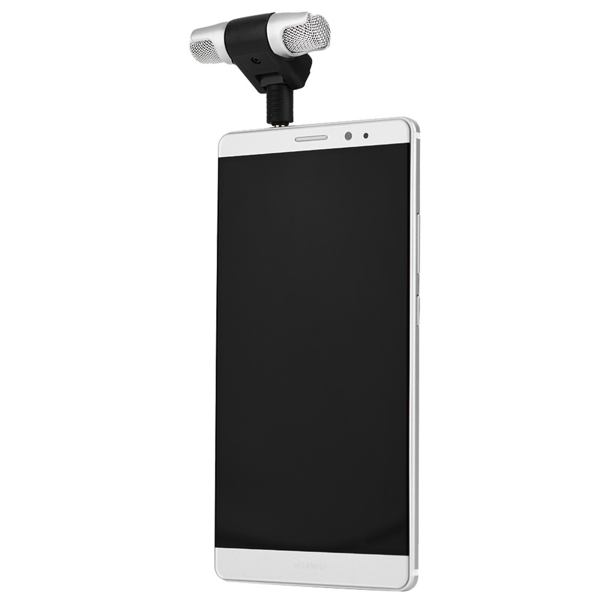 Smartphone mit einem Mikrofon an der Oberseite. Das Mikrofon ist silber und schwarz.