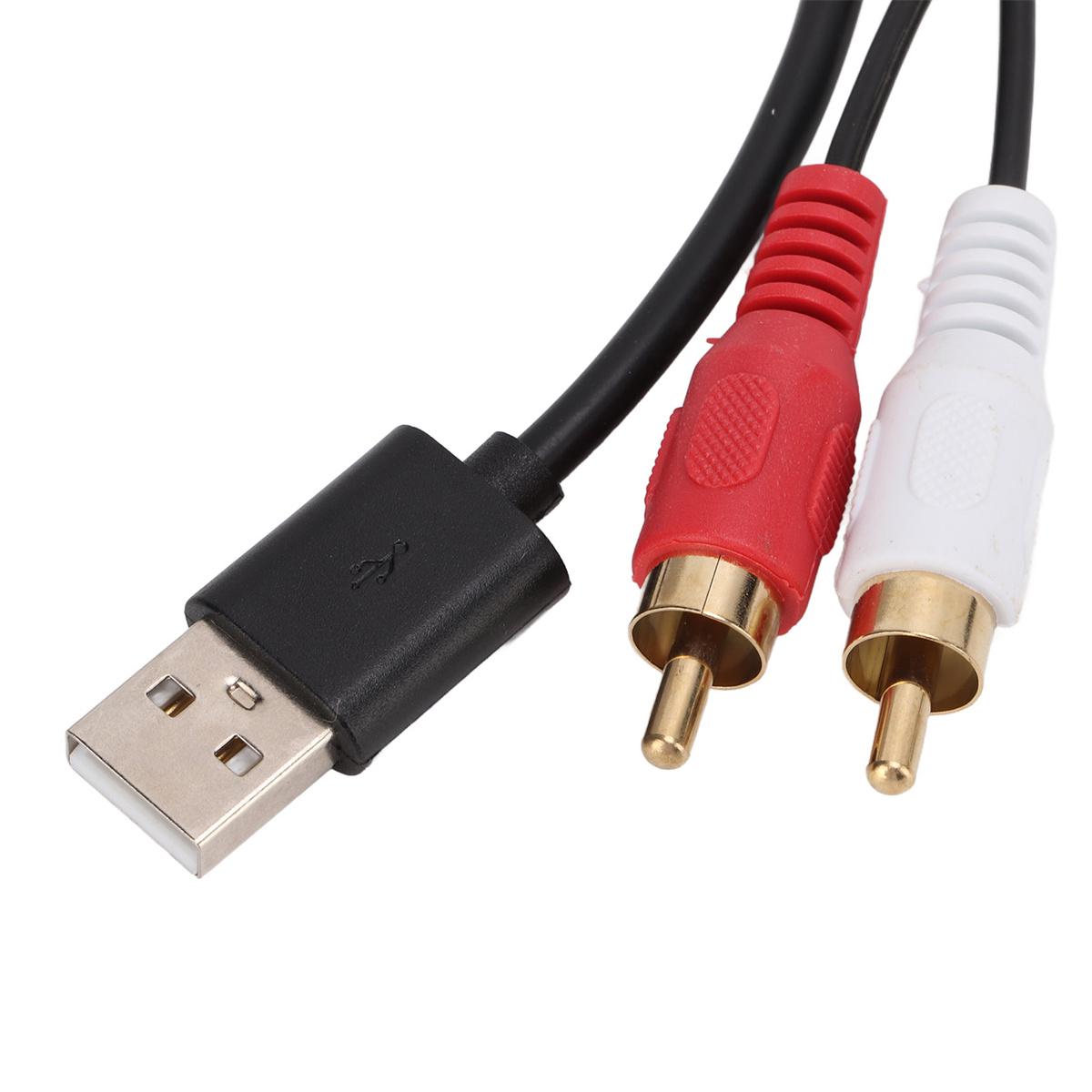 USB-Kabel mit USB-Anschluss und zwei Cinch-Anschlüssen, rot und weiß.