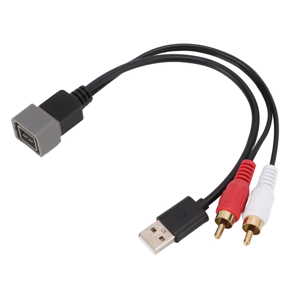 USB-auf-Cinch-Kabeladapter mit USB-Stecker, grauem Stecker und roten und weißen Cinch-Steckern.