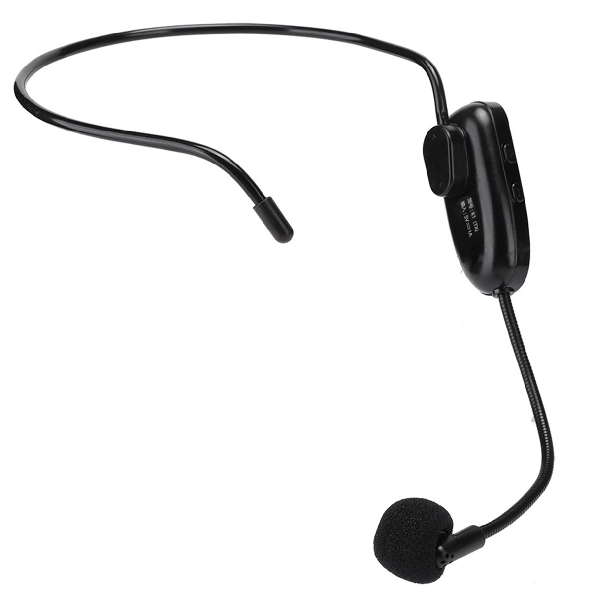 Ein schwarzes Headset-Mikrofon. Es hat ein Kopfband, ein Mikrofon und eine Steuereinheit mit Knöpfen.