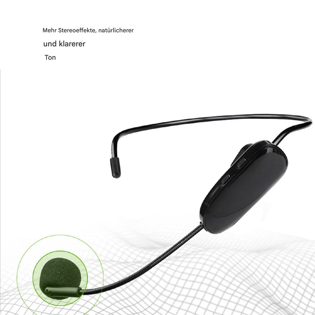 Schwarzes Mikrofon-Headset. Text beschreibt Stereoeffekte und natürliche Klangqualität.