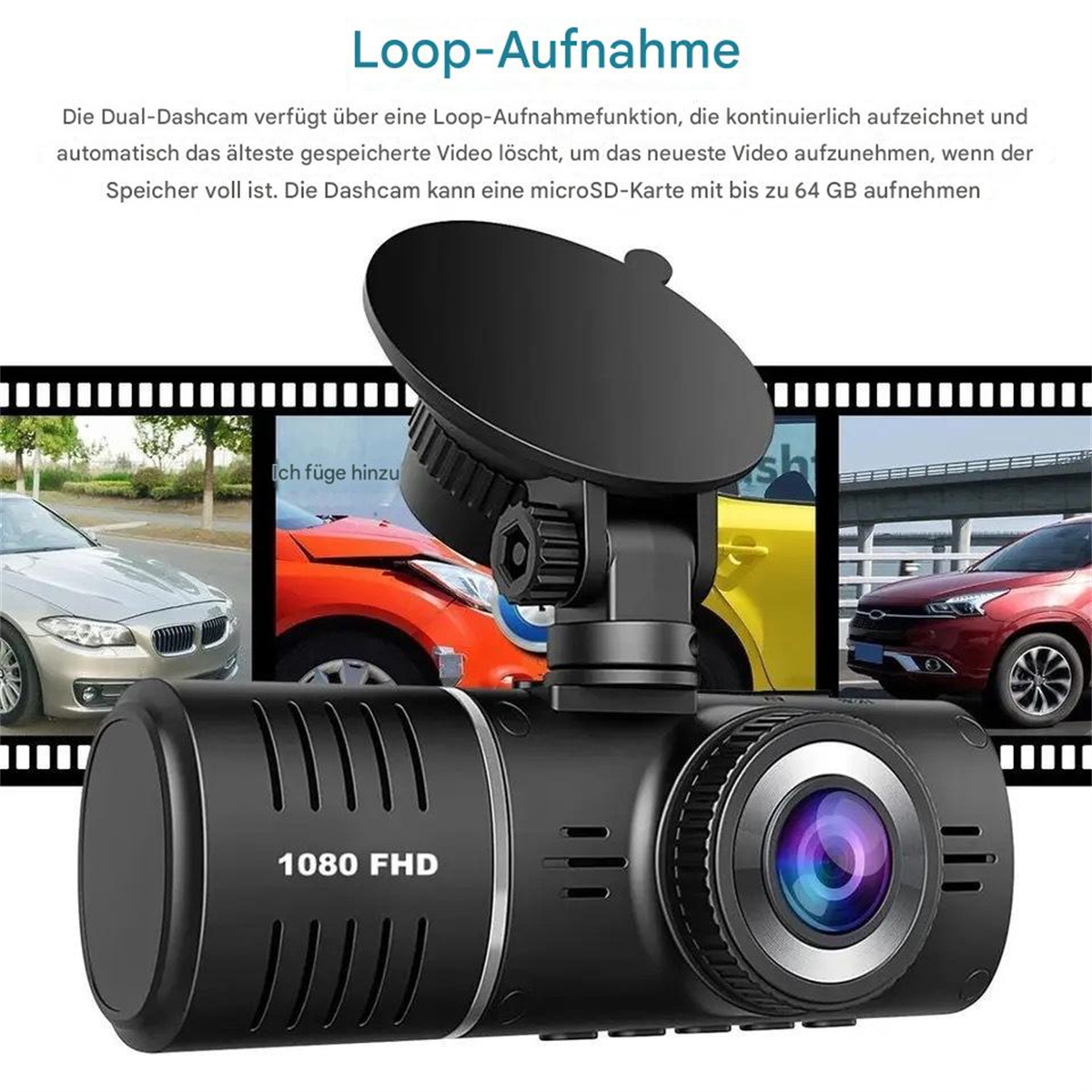 Eine Auto-Dashcam mit Bildschirm, an einer Windschutzscheibe montiert, zeigt drei Unfallbilder. Text beschriftet die Kamera.