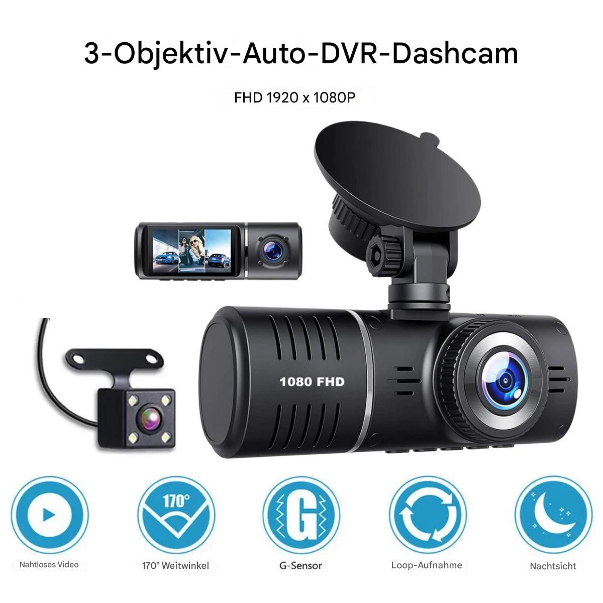 Schwarze Auto-DVR-Dashcam mit drei Objektiven, Bildschirm und Symbolen. Sie hat Nachtsicht und G-Sensor.