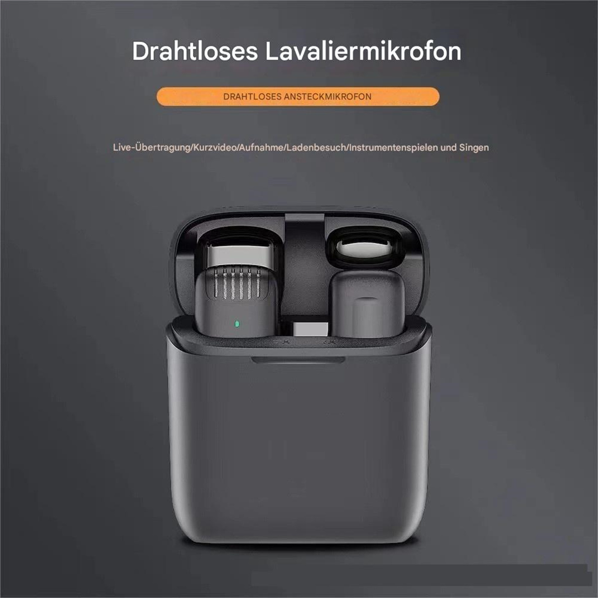 Ein kabelloses Lavalier-Mikrofon in seinem Ladekoffer, auf dunklem Hintergrund.