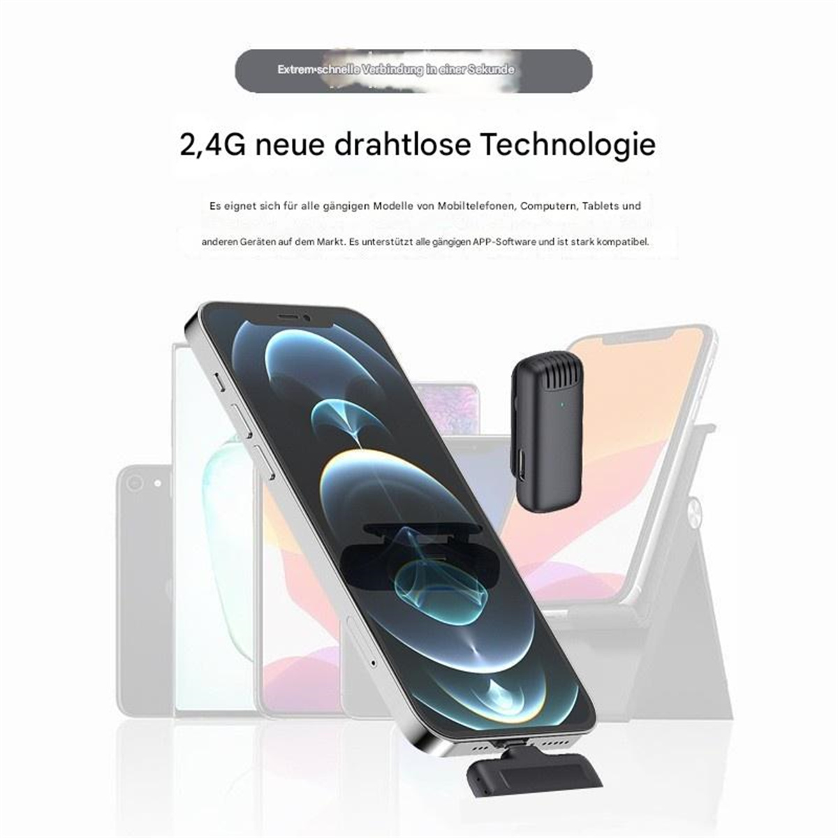 Smartphone mit schwarzem Zubehör, andere Telefone im Hintergrund unscharf.