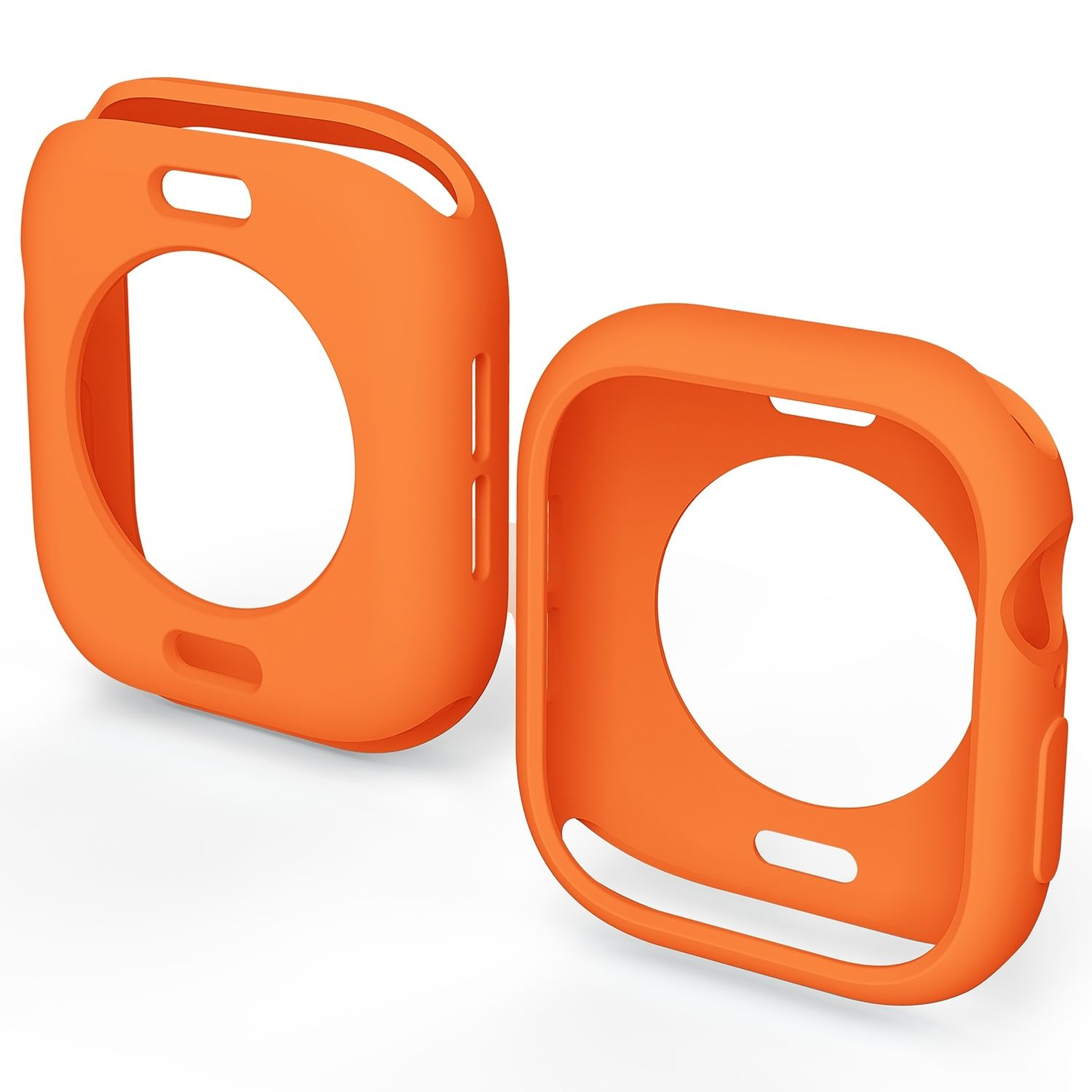 Due custodie protettive arancioni per un Apple Watch. Sono su una superficie bianca.
