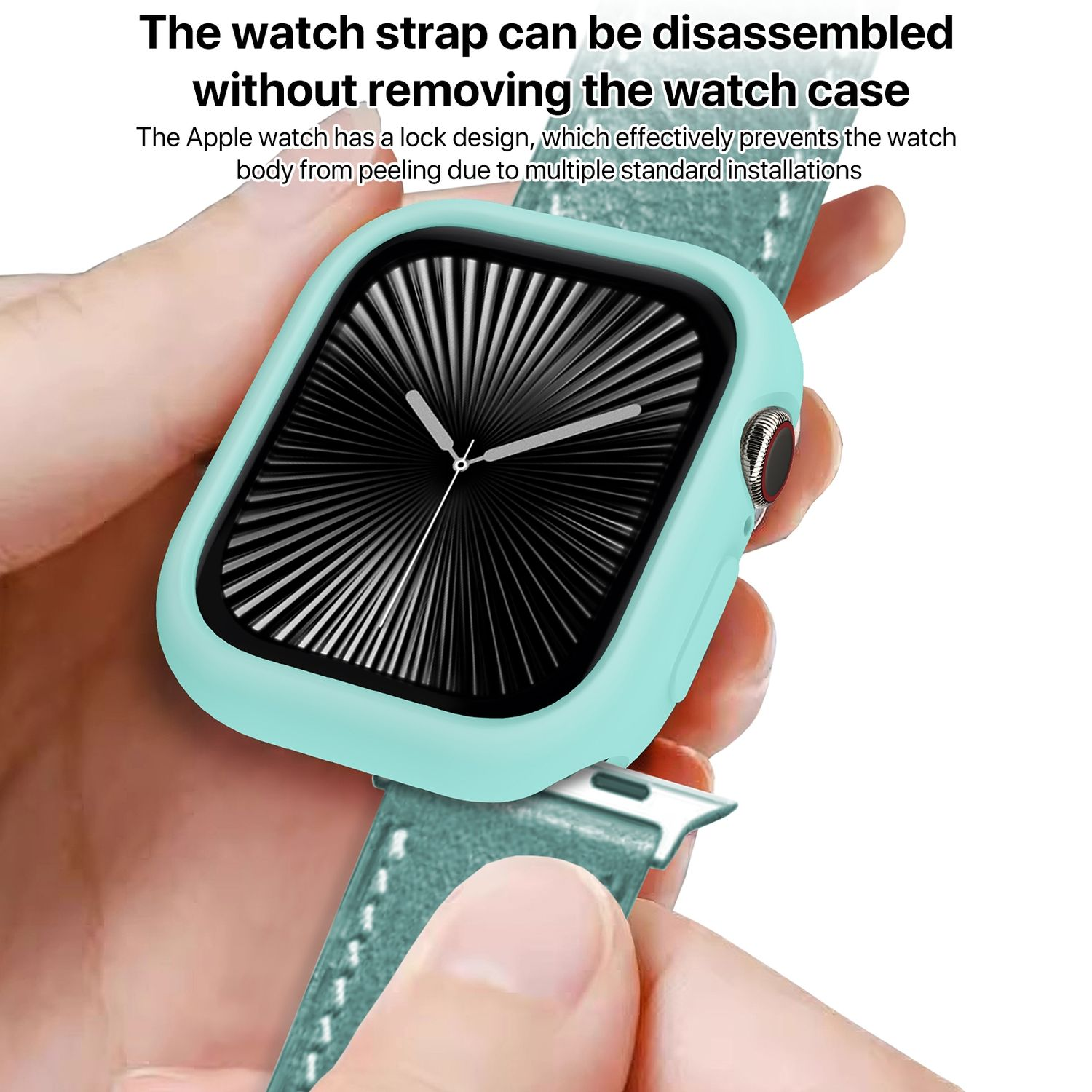 Ein türkisfarbenes Uhrengehäuse an einem Handgelenk mit Lederarmband. Das Armband kann entfernt werden.